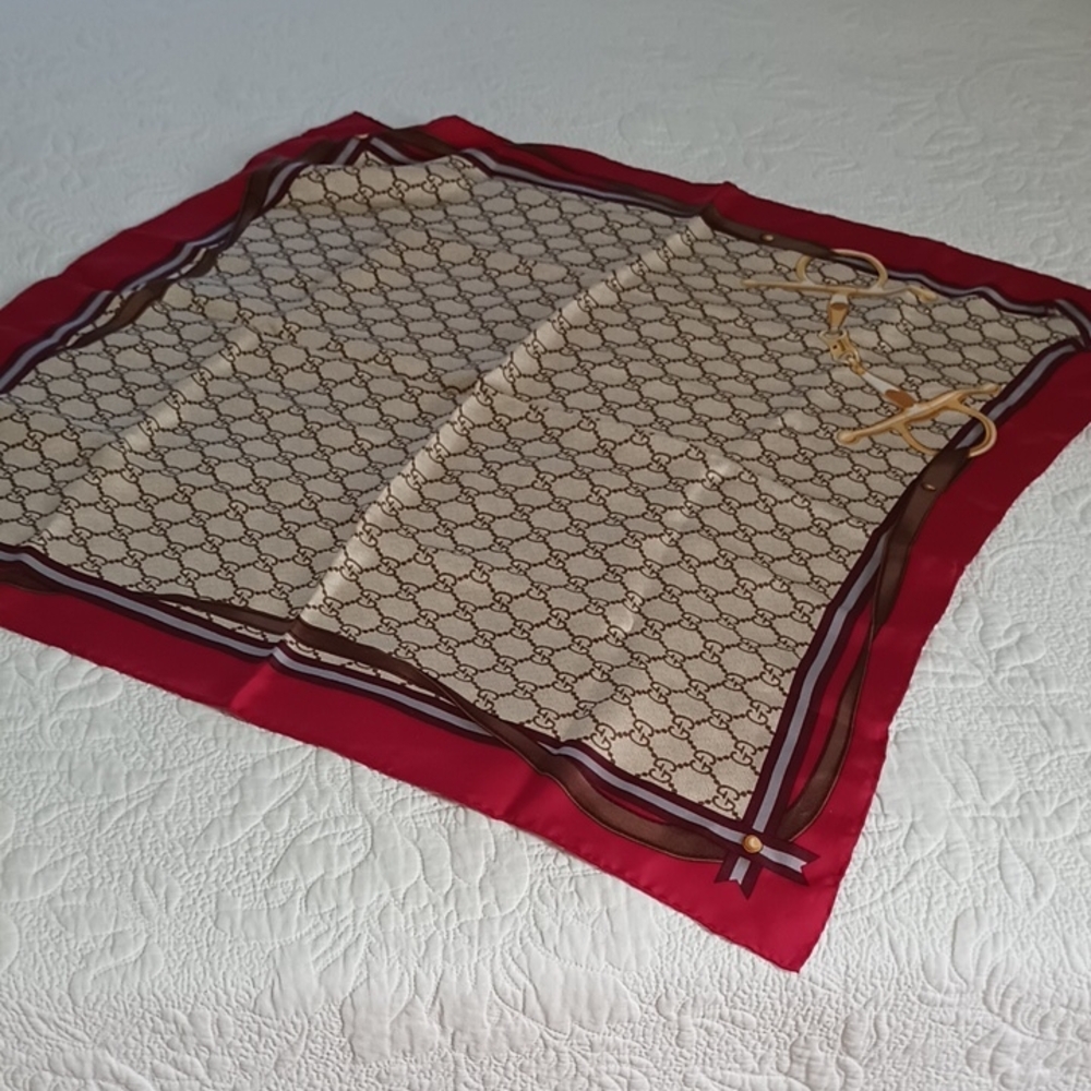 Gucci Red/Burgundy and Brown Patterned Silk Scarf Square Luxury Logo Equestrian - Picture 2 of 9